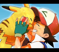 Rule 34 | 1boy, affectionate, ash ketchum, closed eyes, commentary request, creatures (company), day, face-to-face, fingerless gloves, game freak, gen 1 pokemon, gloves, green gloves, grin, hand up, happy, hat, jacket, kanno 0v0, male focus, nintendo, outdoors, pikachu, pokemon, pokemon (anime), pokemon (classic anime), pokemon (creature), red headwear, short hair, short sleeves, sky, smile, teeth