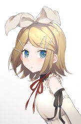 Rule 34 | 1girl, 25-ji nightcord de. (project sekai), 25-ji rin, blonde hair, blue eyes, blush, bow, from side, hair bow, hair ornament, hairclip, headband, kagamine rin, looking at viewer, parted lips, project sekai, raised eyebrows, ribbon, short hair, simple background, solo, upper body, vocaloid, white background, zazuzu