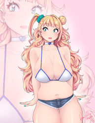 Rule 34 | 10s, 1girl, artist request, asymmetrical hair, belly, bikini, bikini top only, blonde hair, blush, breasts, choker, cleavage, galko, green eyes, highres, horishin1986, huge breasts, large breasts, long hair, looking at viewer, midriff, muffin top, navel, one side up, open mouth, oshiete! galko-chan, plump, short shorts, shorts, side bun, skindentation, solo, stomach, swimsuit, thick thighs, thighs, wide hips