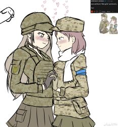 Rule 34 | 2girls, absurdres, armband, artist name, belt, belt pouch, blush, body armor, camouflage, cargo skirt, choker, commentary, digital camouflage, earrings, english commentary, era bricks (meme), florks, goggles, goggles on headwear, green shirt, heart, helmet, highres, holding hands, jewelry, long hair, looking at another, luke5353, medium hair, meme, military, military uniform, multiple girls, original, bulletproof vest, pleated skirt, pouch, reddit, reference inset, russo-ukrainian war, scarf, screenshot inset, shirt, simple background, skirt, tactical clothes, tryzub, ukraine, uniform, white background, yuri
