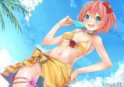 Rule 34 | 1girl, :d, artist name, bare shoulders, bikini, blue eyes, blue sky, bow, breasts, breasts apart, cloud, commentary, day, doki doki literature club, dutch angle, english commentary, flower, food, hair between eyes, hair bow, hand on own hip, looking at viewer, medium breasts, navel, one side up, open mouth, outdoors, palm tree, pink hair, popsicle, red bow, sarong, sayori (doki doki literature club), short hair, sky, smile, solo, swimsuit, tree, water drop, xhunzei, yellow bikini