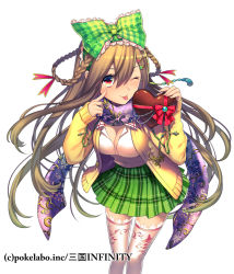 Rule 34 | 1girl, ;p, blouse, bow, box, braid, breasts, checkered bow, checkered clothes, cleavage, coat, dress shirt, floral print, frilled bow, frills, fuji minako, green bow, hair between eyes, hair ornament, hair ribbon, hairclip, heart-shaped box, holding, holding bow (ornament), leaning forward, looking at viewer, medium breasts, miniskirt, one eye closed, open clothes, open coat, pink thighhighs, pleated skirt, print thighhighs, red eyes, red ribbon, ribbon, sangoku infinity, shirt, simple background, skirt, solo, standing, thighhighs, tongue, tongue out, white background, white shirt, yellow coat, zettai ryouiki