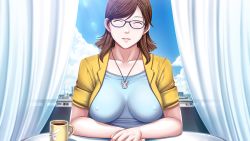 Rule 34 | 1girl, breasts, brown hair, closed eyes, cloud, cloudy sky, coffee, collarbone, covered erect nipples, day, earrings, food, game cg, glasses, hair ornament, hairclip, highres, impossible clothes, impossible shirt, jewelry, large breasts, mihara aika, necklace, no bra, p/a ~potential ability~, sei shoujo, shirt, short hair, skin tight, sky, sleeves rolled up, smile, solo, swept bangs, wallpaper, window