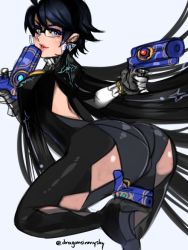 Rule 34 | 1girl, alternate hair length, alternate hairstyle, amulet, ankle gun, ass, ass cutout, bayonetta, bayonetta, bayonetta (series), bayonetta 2, black hair, bodysuit, breasts, cleavage cutout, clothing cutout, d-ryuu, earrings, eyeshadow, glasses, gun, handgun, huge ass, jewelry, lipstick, looking at viewer, makeup, medium breasts, mole, mole under mouth, quadruple wielding, short hair, simple background, solo, thick thighs, thighs, weapon