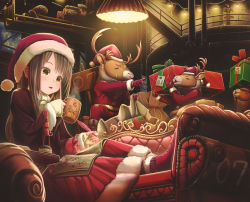 Rule 34 | 1girl, aiuabo, animal, black hair, boots, box, christmas, clothed animal, couch, cup, dress, fingerless gloves, fur-trimmed dress, fur trim, gift, gift box, gloves, hat, holding, holding box, indoors, inkwell, long hair, long sleeves, map, mug, nail polish, open mouth, original, quill, red dress, red footwear, reindeer, sack, santa claus, santa hat, sitting, sleigh, sweatdrop, white gloves, yellow eyes