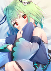 Rule 34 | 1girl, absurdres, animal print, bare shoulders, bed sheet, blue dress, blue sleeves, blush, butterfly print, commentary request, detached sleeves, double bun, dress, green hair, hair bun, hair ornament, highres, hololive, hugging object, juliet sleeves, long sleeves, looking at viewer, lying, nari (narikashi), on side, pillow, pillow hug, puffy sleeves, red eyes, ribbon, short hair, skull hair ornament, sleeveless, sleeveless dress, solo, uruha rushia, uruha rushia (1st costume), virtual youtuber