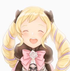Rule 34 | 1girl, black bow, blonde hair, bow, earrings, elise (fire emblem), closed eyes, fire emblem, fire emblem fates, hair bow, jewelry, long hair, multicolored hair, nintendo, open mouth, pink bow, purple hair, shimizu akina, simple background, solo, twintails, upper body, white background