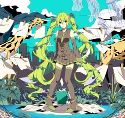Rule 34 | 1girl, ahoge, anklet, boots, clothesline, detached sleeves, giraffe, green eyes, green hair, hatsune miku, high heels, highres, jellyfish, jewelry, leaf, long hair, matching hair/eyes, necktie, pigeon-toed, sinomi, skirt, solo, thigh boots, thighhighs, twintails, very long hair, vocaloid