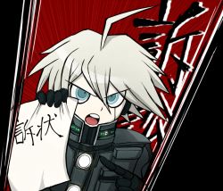 Rule 34 | 10s, 1boy, ahoge, android, armor, black background, blue eyes, danganronpa (series), danganronpa v3: killing harmony, k1-b0, maguro no yukke, male focus, official style, open mouth, paper, power armor, ringed eyes, short hair, silver hair, simple background, solo