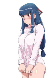 Rule 34 | 1girl, appare-ranman!, blue hair, blunt bangs, blush, breasts, clothes pull, hair ornament, half updo, highres, jing xia lian, large breasts, long hair, no pants, pink eyes, shirt, shirt pull, solo, standing, thighs, ueyama michirou, white background
