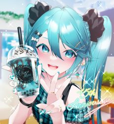 Rule 34 | 1055, 1girl, :d, absurdres, anniversary, bare shoulders, black bow, blue eyes, blue hair, blue shirt, blurry, blurry background, blush, bow, collarbone, commentary, cup, depth of field, disposable cup, earrings, eyebrows hidden by hair, food-themed earrings, hair between eyes, hair bow, hair ornament, hairclip, hands up, hatsune miku, highres, holding, holding cup, jewelry, lace, lace-trimmed shirt, lace trim, long hair, looking at viewer, nail art, off-shoulder shirt, off shoulder, open mouth, plaid, plaid shirt, revision, ring, shirt, smile, solo, teeth, twintails, upper teeth only, vocaloid, white bow