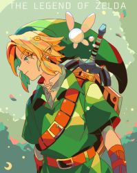 Rule 34 | 1boy, belt, belt buckle, blonde hair, brown belt, buckle, earrings, green background, green eyes, green headwear, green tunic, highres, jewelry, link, looking to the side, male focus, mizuki tsukimori, navi, nintendo, parted bangs, pointy ears, pointy hat, shield, shield on back, shirt, short hair, sidelocks, sword, the legend of zelda, the legend of zelda: ocarina of time, upper body, weapon, weapon on back, white shirt