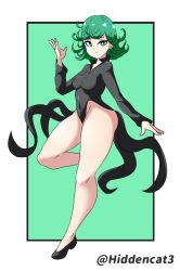 Rule 34 | 1girl, artist name, artist request, ass, bare legs, border, breasts, curly hair, full body, green eyes, green hair, hands on own hips, highres, looking at viewer, one-punch man, shiny skin, short hair, smile, solo, tatsumaki, thick thighs, thighs, twitter username, white border, wide hips