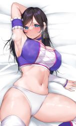 Rule 34 | 1girl, absurdres, arm behind head, arm garter, armpits, bed sheet, black hair, blue choker, blue eyes, blush, breasts, choker, closed mouth, commission, dead or alive, gluteal fold, hair between eyes, highres, kokoro (doa), kshimu, large breasts, long hair, looking at viewer, skeb commission, solo, steaming body, thick thighs, thighhighs, thighs, white thighhighs