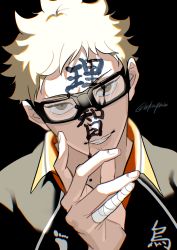 Rule 34 | 1boy, absurdres, bandages, black background, blonde hair, body writing, brown eyes, glasses, haikyuu!!, head tilt, highres, looking at viewer, male focus, mix (wkupmix), parted lips, short hair, simple background, solo, sportswear, teeth, tsukishima kei, twitter username, upper body, volleyball uniform, writing on face