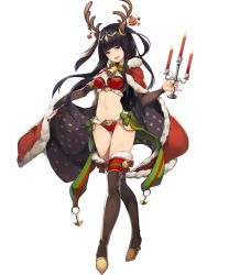 Rule 34 | 1girl, animal ears, antlers, bell, black eyes, black hair, black nails, boots, bow, breasts, candelabra, candle, candlestand, cape, christmas, collar, female focus, fire, fire emblem, fire emblem heroes, full body, fur trim, gift, green bow, highres, hime cut, horns, long hair, looking at viewer, matching hair/eyes, medium breasts, midriff, mistletoe, nail polish, navel, neck bell, nintendo, official art, red cape, reindeer antlers, smile, solo, standing, tharja (fire emblem), thigh boots, thighhighs, transparent background, two side up, washimoto9, washimoto (artist)