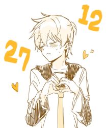 Rule 34 | 1boy, 1p ino, anniversary, arm warmers, black sleeves, blonde hair, closed eyes, collared shirt, commentary, dated, embarrassed, facing away, heart, heart hands, kagamine len, male focus, necktie, sailor collar, shirt, short ponytail, short sleeves, sketch, solo, sweat, upper body, v-shaped eyebrows, vocaloid, white background, yellow necktie
