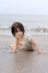 Rule 34 | asian, beach, brown hair, day, kipi-san, ocean, photo (medium), sand, short hair, solo, wet