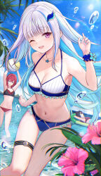 Rule 34 | ;d, ange katrina, ball, beach, beachball, bikini, black hair, blue eyes, blue hair, breasts, bubble, cleavage, colored inner hair, commentary request, flower, highres, inui toko, jewelry, kashiwagi touko, lize helesta, medium breasts, multicolored bikini, multicolored clothes, multicolored hair, necklace, nijisanji, one eye closed, open mouth, pink flower, purple eyes, red hair, sanbaka (nijisanji), small breasts, smile, solo focus, star (symbol), star necklace, sunglasses, swimsuit, thigh strap, virtual youtuber, white hair