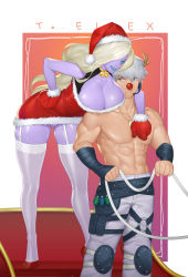 Rule 34 | 1boy, 1girl, abs, absurdres, antlers, arm around shoulder, bandaged arm, bandages, bare shoulders, bell, bent over, bling (wnsdud34), blue eyes, blue lips, breast press, breasts, brown eyes, choker, christmas, cleavage, colored skin, dog tags, dress, dungeon and fighter, explosive, expressionless, eyeshadow, flower, full body, fur trim, garter straps, grenade, hair flower, hair ornament, hair over one eye, hand on own hip, hat, high heels, highres, horns, large breasts, leaning forward, lipstick, long hair, looking at another, looking at viewer, makeup, mittens, muscular, navel, neck bell, pants, purple skin, red dress, red footwear, santa hat, sharan (dungeon and fighter), shoes, short dress, skindentation, smile, thighhighs, topless, very long hair, white hair, white pants, white thighhighs