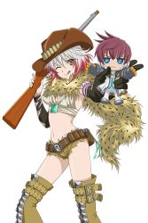 Rule 34 | 1girl, alternate costume, asbel lhant, black gloves, breasts, cowboy hat, fur trim, gloves, hat, large breasts, mecha-asbel, mecha asbel, multicolored hair, pascal (tales), pascal (tales), red hair, scarf, short hair, short shorts, shorts, smile, staff, tales of (series), tales of graces, tongue, tongue out, toy, two-tone hair, cowboy western, white hair, wink, yellow eyes