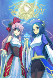 Rule 34 | 00s, 2girls, ar tonelico, ar tonelico ii, blue hair, bow, braid, brown eyes, dress, glasses, gust, hair bow, hair ornament, hat, holding hands, infel (ar tonelico), isya, long hair, multiple girls, nenesha (ar tonelico), pantyhose, pink hair, red eyes, spoilers, twin braids