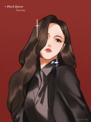 Rule 34 | 1girl, black jacket, brown eyes, brown hair, character name, collared shirt, commentary, dayoung (wjsn), earrings, english commentary, expressionless, grey shirt, head tilt, highres, jacket, jewelry, k-pop, leaning forward, long bangs, mute (louisehyt), one eye covered, real life, shirt, solo, sparkle, upper body, wjsn