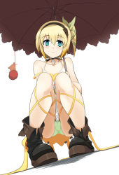 Rule 34 | 10s, 1girl, aqua eyes, bare shoulders, black neckwear, blonde hair, boots, bow, choker, edna (tales), frown, green panties, hair bow, hairband, highres, holding, leg ribbon, looking at viewer, looking down, momio, normin (tales), off shoulder, panties, pantyshot, ribbon, short hair, side ponytail, skirt, solo, squatting, strap slip, tales of (series), tales of zestiria, umbrella, underwear, upskirt