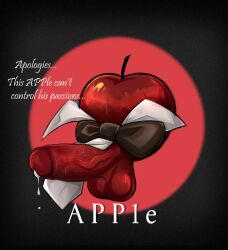 Rule 34 | 1other, apple, apple (reverse:1999), black bow, bow, detached collar, erection, food, food focus, fruit, highres, inanimate animate, no humans, non-web source, penis, precum, reverse:1999, testicles