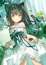 Rule 34 | 1girl, animal ear fluff, animal ears, black hair, blue bow, blue ribbon, bow, braid, breasts, cat ears, cat girl, cat tail, closed mouth, commentary request, curtains, dress, dutch angle, flower, frilled dress, frills, green bow, green hair, hair bow, highres, long hair, looking at viewer, moe2020, multicolored hair, original, plant, potted plant, ribbon, rk (rktorinegi), skirt hold, small breasts, smile, solo, standing, strapless, strapless dress, streaked hair, striped, striped bow, tail, tail ornament, tail ribbon, white dress, white flower, yellow eyes, yellow flower