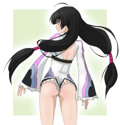 Rule 34 | 1girl, ahoge, ass, back, black hair, cameltoe, from behind, green background, grey eyes, highres, hou (hachiyou), kohaku hearts, long hair, looking back, low-tied long hair, solo, tales of (series), tales of hearts, twintails, wedgie