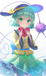 Rule 34 | 1girl, black hat, box, closed mouth, cowboy shot, frilled skirt, frilled sleeves, frills, gift, gift box, green eyes, green hair, green skirt, hat, hat ribbon, heart, heart of string, highres, holding, holding gift, kiramarukou, komeiji koishi, light particles, long sleeves, looking at viewer, petticoat, ribbon, shirt, simple background, skirt, smile, solo, standing, third eye, touhou, valentine, white background, wide sleeves, yellow ribbon, yellow shirt