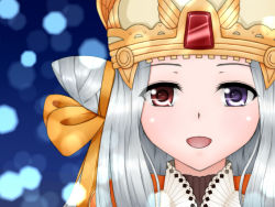 Rule 34 | 1girl, aoi hito, blush, brown dress, commentary request, cone hair bun, crown, dress, gem, hair bun, highres, layered dress, long hair, looking at viewer, open mouth, pope (ragnarok online), portrait, purple eyes, ragnarok online, red eyes, smile, solo, white dress, white hair