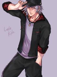 Rule 34 | 1boy, adjusting clothes, adjusting headwear, character name, collarbone, final fantasy, final fantasy vii, final fantasy vii remake, grey hair, hand in pocket, hat, highres, holding, holding clothes, holding hat, jacket, jewelry, leslie kyle, looking at viewer, male focus, necklace, pants, shirt, simple background, solo, spiked hair, square enix, standing, yellow eyes