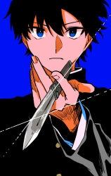 Rule 34 | 1boy, black hair, blue background, blue eyes, close-up, commentary request, expressionless, gakuran, holding, holding knife, knife, looking at viewer, male focus, metarogu, school uniform, simple background, solo, tohno shiki, tsukihime