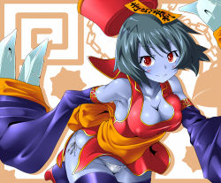 Rule 34 | 1girl, adapted costume, bad id, bad pixiv id, bare shoulders, black hair, blue skin, blush stickers, breasts, capcom, chain, claw (weapon), claws, cleavage, colored skin, detached sleeves, covered erect nipples, flipped hair, hat, lei lei, ofuda, orochi itto, panties, red eyes, short hair, side-tie panties, smile, solo, thighhighs, underwear, vampire (game), weapon, wide sleeves