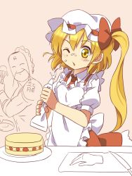 Rule 34 | 1boy, 1girl, apron, ascot, blonde hair, bow, braid, braided ponytail, cake, cream, cream on face, facial hair, facial mark, flandre scarlet, food, food on face, forehead mark, frilled apron, frills, fu manchu (mustache), hair bow, hat, kinnikuman, knife, matching hair/eyes, mob cap, mustache, necktie, one eye closed, open mouth, pastry bag, ramenman, red eyes, red neckwear, ribbon, severed hand, severed limb, shimouki izui, short hair, side ponytail, sketch, strawberry shortcake, touhou, translation request, whisk, white apron, white headwear, yellow eyes