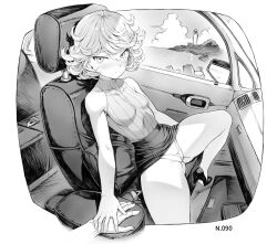 Rule 34 | 1girl, ass, blush, breasts, car, car interior, cleft of venus, curly hair, gluteal fold, greyscale, high heels, highleg, highleg panties, holding hands, lighthouse, looking at viewer, mogudan, monochrome, motor vehicle, one-punch man, panties, partially visible vulva, pencil skirt, pov, short hair, sitting, skirt, sleeveless, small breasts, smile, spread legs, tatsumaki, thick thighs, thighs, thong, underwear, vehicle, vehicle interior