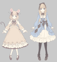 Rule 34 | 2girls, animal ears, black bow, black footwear, black legwear, blonde hair, blue dress, blue eyes, bow, brooch, brown dress, brown shirt, closed mouth, dress, frilled dress, frills, hair bow, half-closed eyes, high heels, highres, jewelry, light brown hair, lolita fashion, long hair, long sleeves, missile228, mouse ears, mouse girl, mouse tail, multiple girls, original, pantyhose, parted lips, puffy long sleeves, puffy sleeves, ribbed legwear, shirt, shoes, sleeves past wrists, tail, very long hair, white legwear, zzz