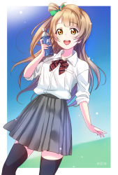 Rule 34 | 1girl, black thighhighs, blue sky, blunt bangs, bottle, bow, brown eyes, brown hair, collared shirt, commentary request, day, hair ribbon, highres, holding, holding bottle, long hair, looking at viewer, love live!, love live! school idol project, minami kotori, non (nonzile), open mouth, pleated skirt, ponytail, ribbon, school uniform, shirt, skirt, sky, sleeves rolled up, smile, solo, standing, sun, thighhighs, water bottle, water drop, white shirt, zettai ryouiki