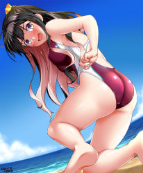 Rule 34 | 1girl, adjusting clothes, adjusting swimsuit, artist name, back, beach, black hair, blush, breasts, competition swimsuit, covered navel, cowboy shot, dated, day, fangs, highleg, highleg swimsuit, highres, kantai collection, large breasts, long hair, looking back, multicolored hair, naganami (kancolle), ocean, one-piece swimsuit, pink hair, purple one-piece swimsuit, sand, skindentation, solo, swimsuit, tsuchimiya, two-tone hair, water, wavy hair, wet, wet clothes, wet swimsuit, white one-piece swimsuit, yellow eyes