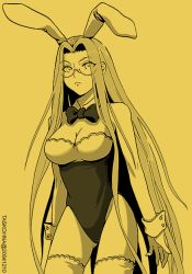 Rule 34 | 00s, 1girl, animal ears, bow, bowtie, choker, curvy, fake animal ears, fate/stay night, fate (series), female focus, glasses, leotard, long hair, medusa (fate), medusa (rider) (fate), monochrome, playboy bunny, rabbit ears, solo, square pupils, task owner, thighhighs, very long hair, wrist cuffs, yellow theme