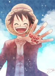 Rule 34 | 1boy, ^ ^, aco peda, black hair, closed eyes, cloud, frilled sleeves, frills, hat, highres, male focus, monkey d. luffy, one piece, red shirt, scar, scar on chest, scar on face, shirt, signature, sky, solo, straw hat, upper body
