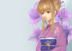 Rule 34 | 00s, 1girl, alternate hairstyle, bellflower, blonde hair, brown hair, floral background, floral print, flower, fujino shizuru, hair ornament, hair stick, hair up, highres, japanese clothes, kimono, kumo ryuun, my-hime, obi, parted lips, red eyes, rope, sad, sash, sidelocks, solo, translation request
