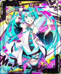 Rule 34 | 1girl, aqua eyes, aqua hair, aqua nails, aqua necktie, bare shoulders, black skirt, black sleeves, black thighhighs, cable, character name, commentary, cowboy shot, detached sleeves, english text, grin, hair ornament, hatsune miku, heart, highres, holding, holding cable, holding microphone, kikori70796699, long hair, looking at viewer, microphone, nail polish, necktie, shirt, skirt, sleeveless, sleeveless shirt, smile, solo, sparkle, thighhighs, twintails, very long hair, vocaloid, white shirt, zettai ryouiki