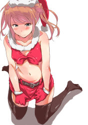 Rule 34 | 10s, 1girl, bare shoulders, belt, black thighhighs, blush, breasts, brown hair, collarbone, full body, gloves, hat, kantai collection, kunifuto, michishio (kancolle), midriff, navel, red gloves, santa costume, santa hat, simple background, small breasts, solo, thighhighs, twintails, white background