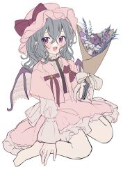Rule 34 | 1girl, alternate costume, bare legs, barefoot, bat wings, black choker, blue hair, blush, blush stickers, bouquet, bow, choker, collar, fang, flat color, flower, frilled collar, frilled skirt, frills, hat, hat bow, holding, holding bouquet, jacket, lace, long bangs, long sleeves, medium hair, mob cap, open mouth, pink hat, pink jacket, pink skirt, purple flower, red bow, red eyes, remilia scarlet, shirt, sitting, skirt, skirt set, smile, tamagogayu1998, touhou, wariza, wavy hair, white bow, white flower, white shirt, wide sleeves, wings
