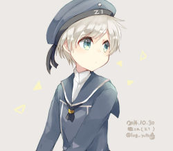 Rule 34 | 10s, 1girl, bad id, bad pixiv id, beret, blue eyes, character name, clothes writing, dated, grey background, grey hair, hat, hat ribbon, kantai collection, military, military uniform, neckerchief, ribbon, sailor collar, short hair, solo, twitter username, uniform, upper body, very short hair, yellow bunny, z1 leberecht maass (kancolle)