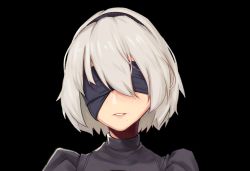 Rule 34 | 1girl, 2b (nier:automata), bad id, bad pixiv id, black background, black blindfold, black dress, black hairband, blindfold, blush, commentary request, dark background, dress, fei mao, hairband, highres, mole, mole under mouth, nier:automata, nier (series), portrait, puffy sleeves, short hair, simple background, solo, teeth