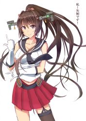 Rule 34 | 1girl, \m/, bare shoulders, breasts, brown eyes, brown hair, cleavage, cosplay, gloves, hair ornament, ichikawa feesu, kantai collection, large breasts, long hair, looking at viewer, midriff, miniskirt, necktie, pleated skirt, pointing, pointing up, ponytail, red skirt, sailor collar, school uniform, serafuku, single thighhigh, skirt, smile, solo, thighhighs, translation request, very long hair, white background, white gloves, yahagi (kancolle), yahagi (kancolle) (cosplay), yamato (kancolle)